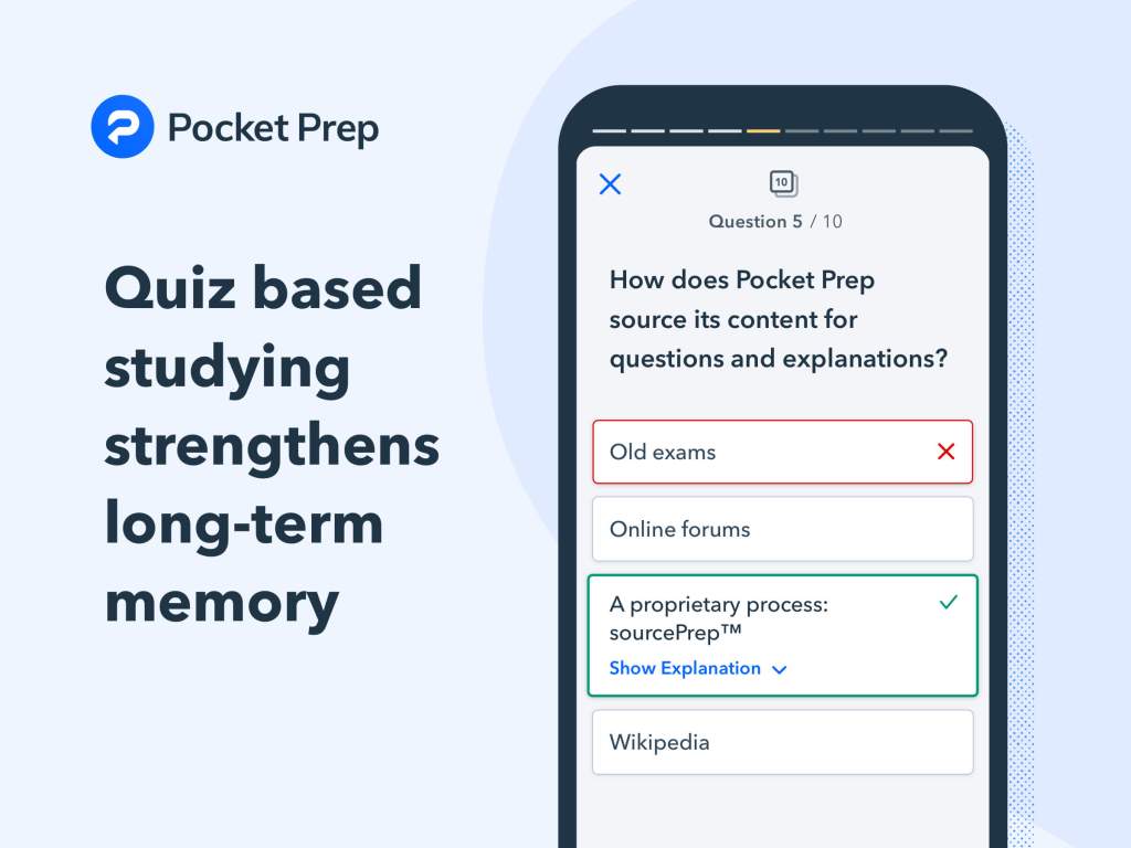 Pocket Prep advertisement explaining their quiz based study methods. 