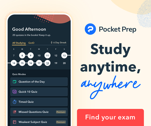 Pocket Prep advertisement that says "Study anytime, anywhere" There is also a button that says "find your exam"