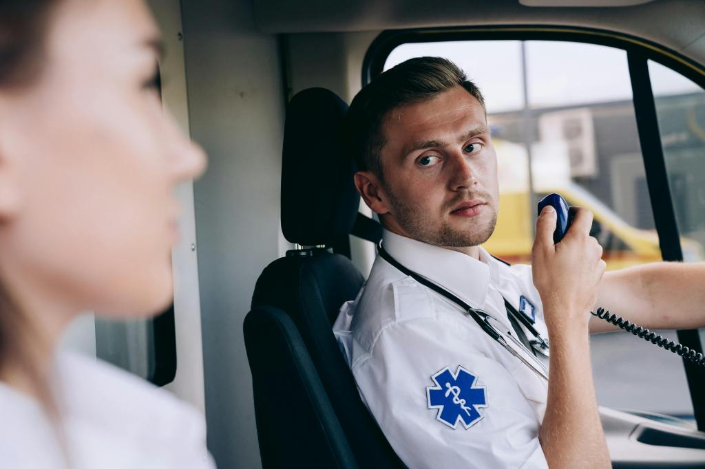 A paramedic asking questions over the radio. 
